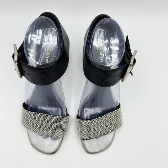 All Black Brand Women’s Black Leather Chunky Ankle Strap Sandal Slvr Micro Studs - Picture 5 of 11